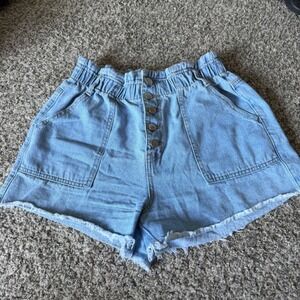 Aaron & Amber Light Wash Paperbag Waist Button Fly Denim Shorts Womens Large